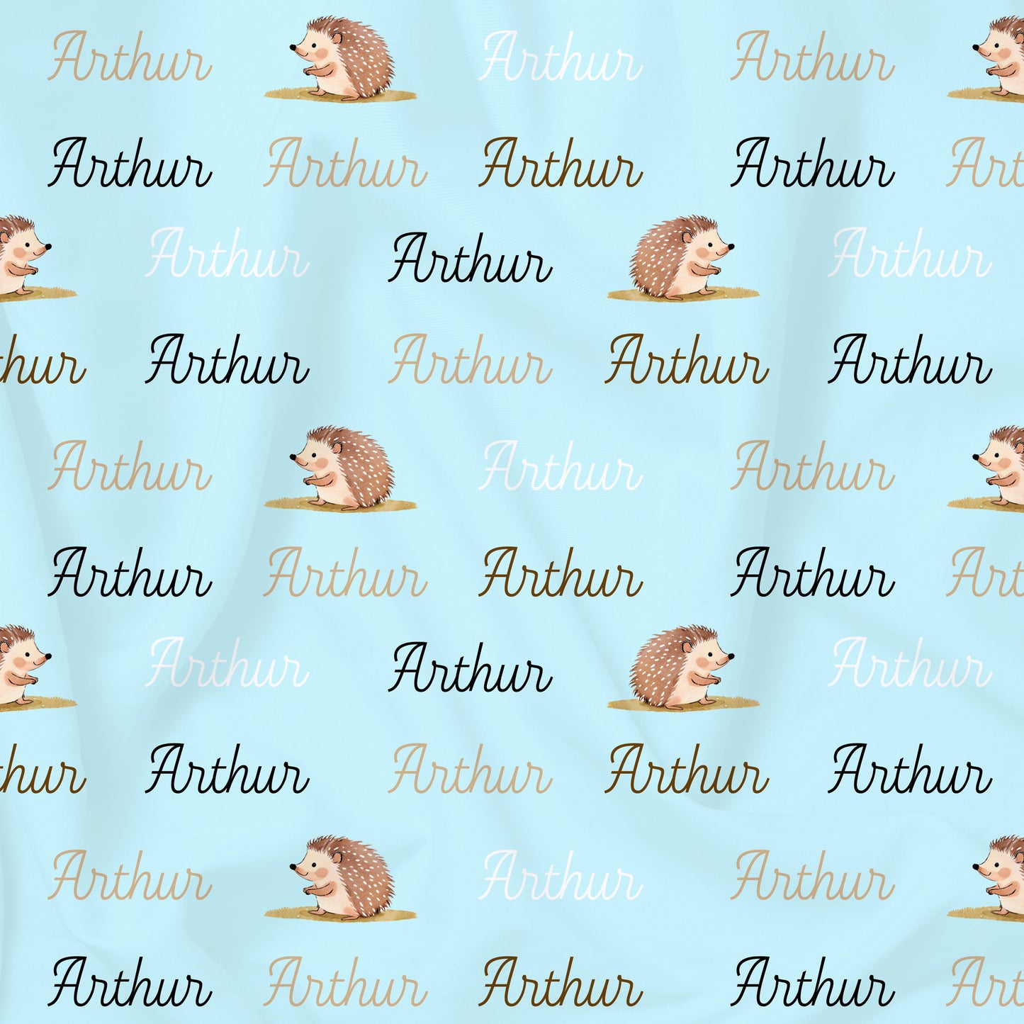 Tissu enfant prénom customisé et hérissons sur fond bleu turquoiset, en jersey, popeline ou mousseline de coton bio, au mètre.
